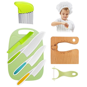 8 PCS Wooden Kids Safe Knives for Real Cooking Include Wood Kids Kitchen Knife Plastic Cutting Board Peeler Potato Slicers Cooking Knives Serrated Edg