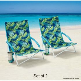 2-Pack Folding Low Seat Soft Arm Beach Bag Chair with Carry Bag, Green Palm