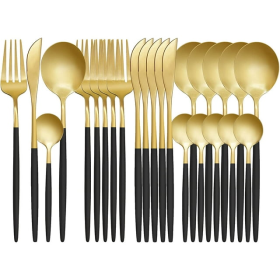 24-Piece Flatware Set, Gold Flatware Set for 6 , Black and Gold Flatware, Stainless Steel Knife Fork Spoon, Home Dinnerware Tableware Set for 6