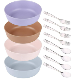 Bamboo Bowls and Stainless Steel Silverware Set â€“ (12-Piece) 4 Kids Bowls