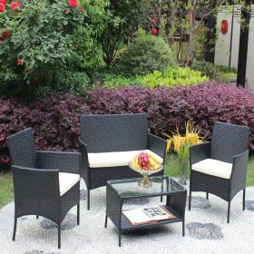 4 PC Rattan Patio Furniture Set Outdoor Patio Cushioned Seat Wicker Sofa (Color: Black+Beige)