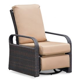 Rattan Wicker Swivel Recliner Chair;  Adjustable Reclining Chair; 360 Degree Swivel Wide Rotation; with Water Resistant Cushions (Color: Khaki)