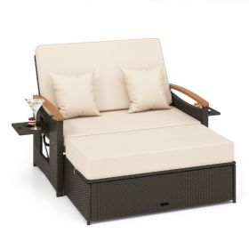 Outdoor Wicker Daybed with Folding Panels and Storage Ottoman (Color: Beige)