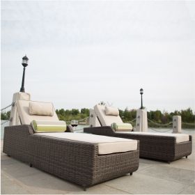 Outdoor Patio Adjustable Backrest Rattan Chaise Lounge Set with Cushions (Color: Brown)