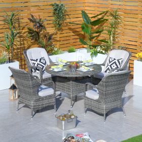5-Piece Aluminum Wicker Round Outdoor Dining Set with Cushions (Color: Gray)