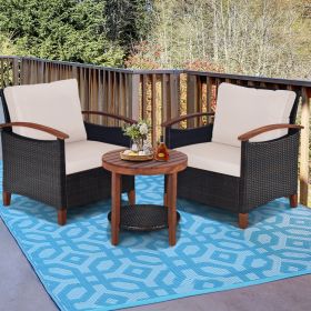 3 Pieces Patio Rattan Furniture Set with Washable Cushion and Acacia Wood Tabletop (Color: Beige)