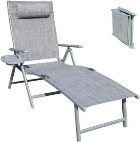 Aluminum Outdoor Folding Reclining Adjustable Chaise Lounge Chair with Cup Holder for Outdoor Patio Beach (Color: Gray)