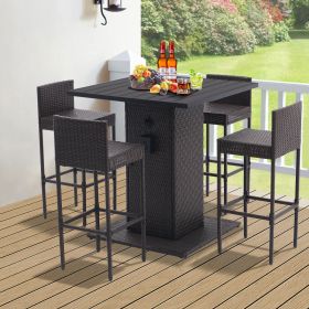 5-Piece Outdoor Conversation Bar Set,All Weather PE Rattan and Steel Frame Patio Furniture With Metal Tabletop and Stools for Patios, Backyards (Color: Coffee)
