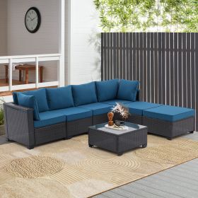 7 Pieces Outdoor Sectional Conversation Sofa Corner Chairs,Ottomans And Glass Top Table, Patio Furniture Set (Color: Coffee+Peacock blue)