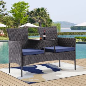 Outdoor Patio Loveseat Set,All Weather PE Rattan and Steel Frame Conversation Furniture with Built-in Coffee Table (Color: Brown+Blue)