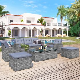 6-piece All-Weather Wicker PE rattan Patio Outdoor Dining Conversation Sectional Set with coffee table, wicker sofas, ottomans, removable cushions (Color: Gray)