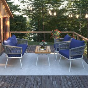 4-Piece Patio Furniture Set, Outdoor Furniture with Acacia Wood Table (Color: Navy Blue)