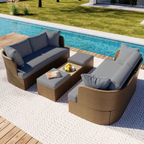 Customizable Outdoor Patio Furniture Set, Wicker Furniture Sofa Set with Thick Cushions, Suitable for Backyard, Porch. (Color: Gray)
