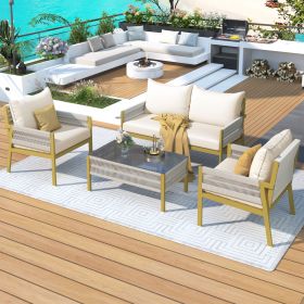 4-Piece Rope Patio Furniture Set, Outdoor Furniture with Tempered Glass Table (Color: Beige+yellow)