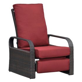 Outdoor Recliner Chair;  Automatic Adjustable Wicker Lounge Recliner Chair with 5.12'' Thicken Cushion (Material: Brown Wicker, Color: Red)