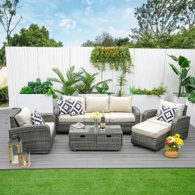 5-Piece Outdoor Rattan Furniture Patio Conversation Set with Cushions (Pillow Color: Gray Wicker)
